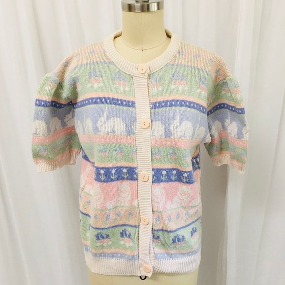 Sweaters - VTG Pastel Bunny & Cat Cardigan